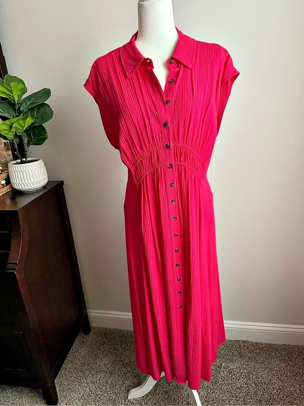 Calvin Klein Pink Button Down Midi Dress, Size 16, NWT